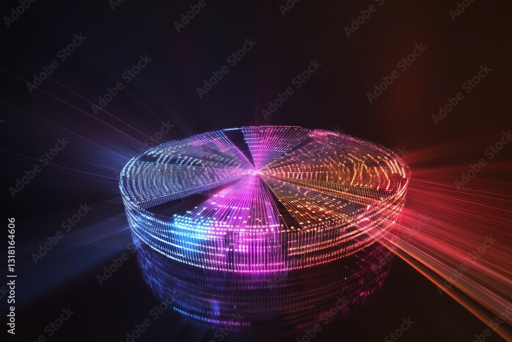 Poster illuminated digital pie chart with futuristic neon visualization