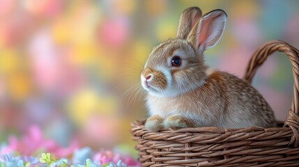 Cute rabbit resting in a wicker basket surrounded by colorful flowers in a vibrant setting