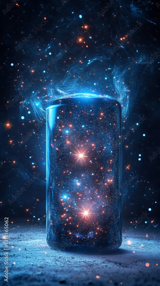 Poster a captivating glowing cylinder emits a celestial display of stars and cosmic particles in a dark atm