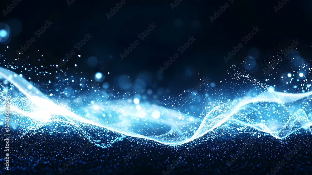 Aufkleber abstract blue light wave flowing smoothly in dark background with particles and soft glow for modern