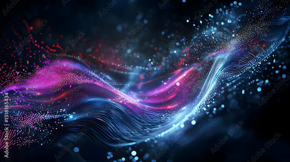 Poster abstract digital wave with blue red and purple particles flowing in a dark background with soft smoo