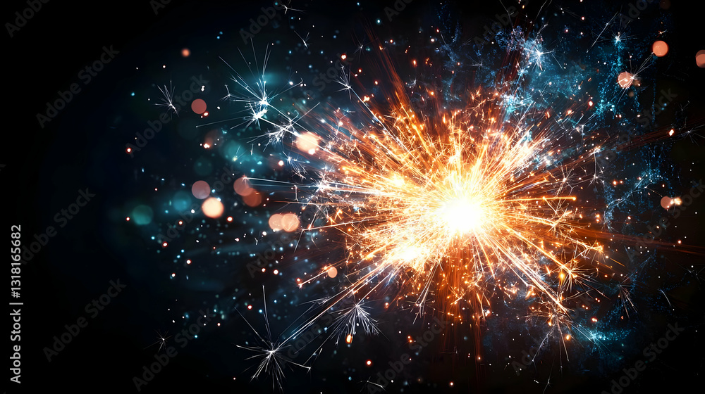 Poster abstract explosion of orange light with blue glitter sparkle and bokeh effect on dark background gra