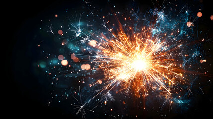 Abstract Explosion of Orange Light With Blue Glitter Sparkle and Bokeh Effect on Dark Background Graphic Design Element