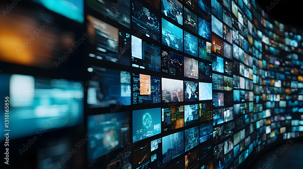 Poster curved wall of multiple illuminated digital screens showing various information