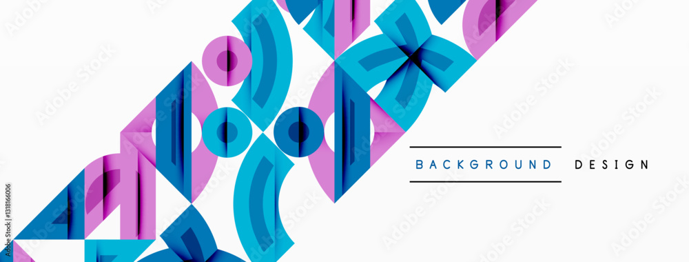 Poster Abstract geometric background with shapes, featuring circular and rounded elements. Bold contrast, smooth gradients, dynamic composition, futuristic style