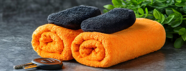 Orange towels, car key, plants.  Spa, auto detail