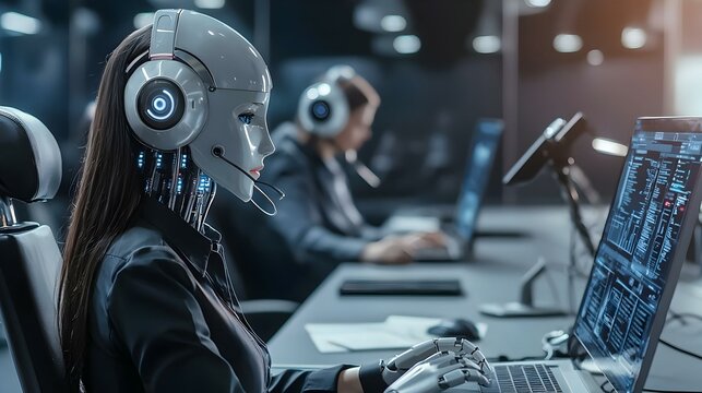 Robot Customer Service Representative Working at Computer