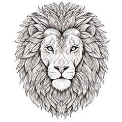 Obraz premium A grayscale vector illustration of an intricate lion coloring page, highlighting its mane with decorative patterns.