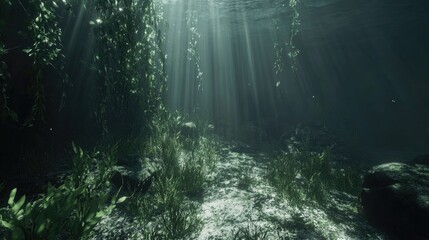 Sunbeams shine through underwater plants in a murky environment
