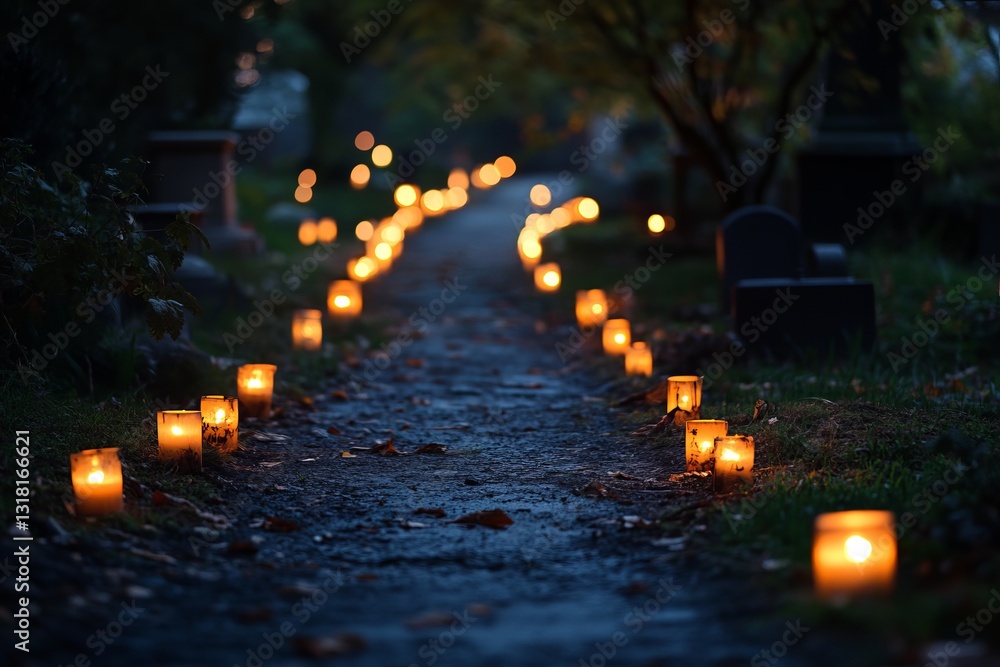 Poster a path lit with candles is shown in the dark. the candles are lit up and are arranged in a row