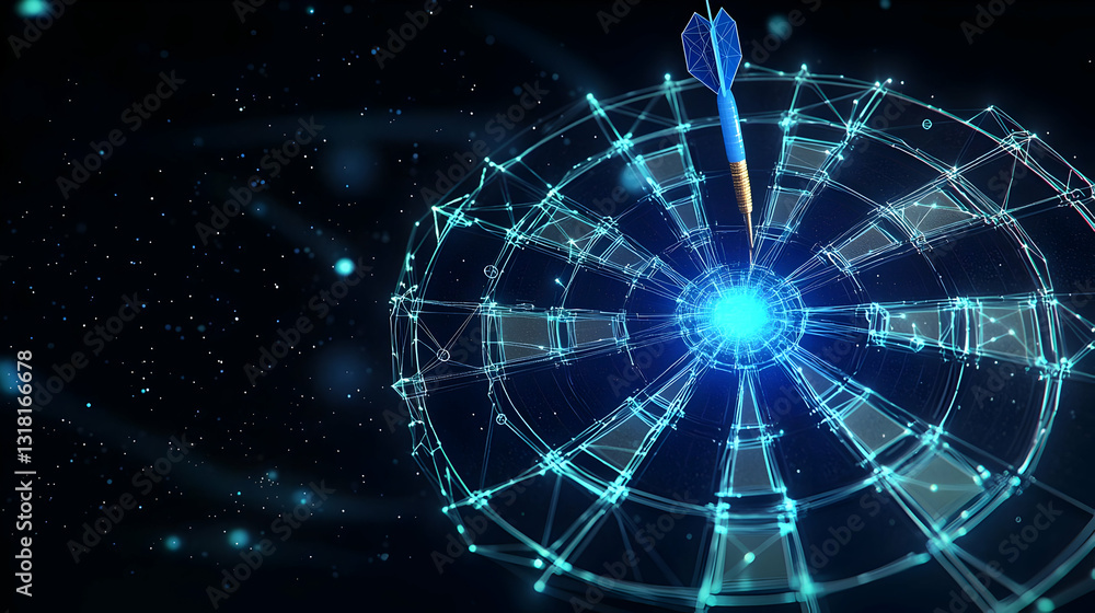 Poster abstract blue dart hitting bullseye target on dark technological background with glowing light parti