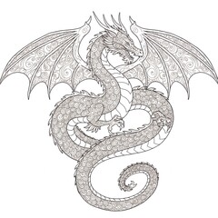Obraz premium A grayscale vector illustration of an intricate dragon coloring page with swirling patterns and ornate scales.