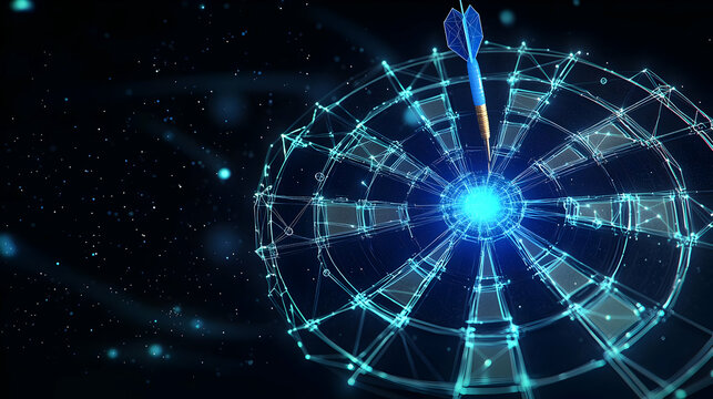 Abstract Blue Dart Hitting Bullseye Target On Dark Technological Background With Glowing Light Particles Ideal For Business And Marketing Concepts