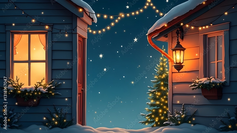 Poster eid and new year background with lanterns and snow. generated by ai