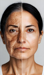 Dual portrait showcasing skincare results on woman's face, aging versus youthful complexion