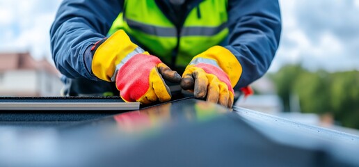 Roofer installing roof panels, skyline background. For construction, repair