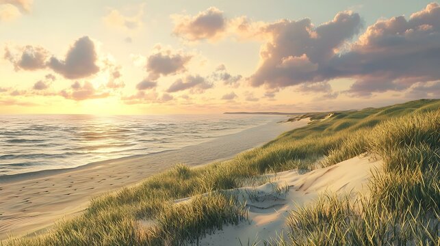 The hilly coastline with grass and dunes offers