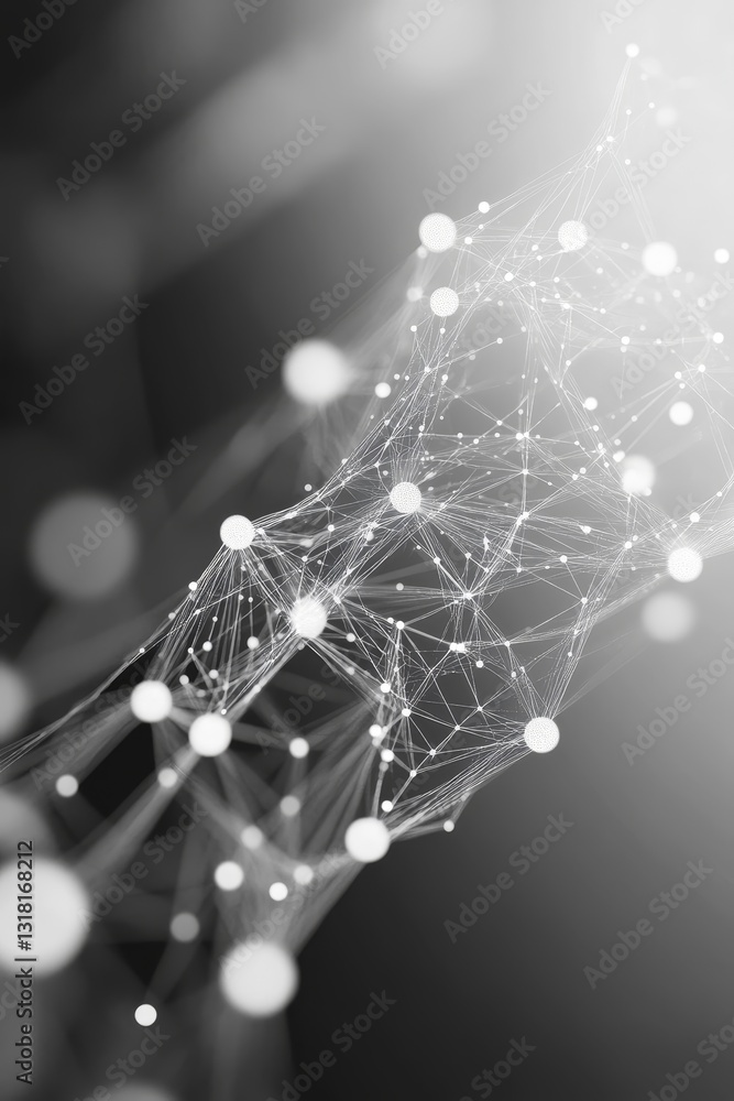 Poster this abstract image features a network of white nodes connected by lines, set against a black backgr