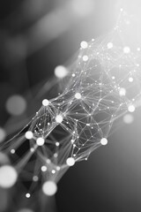This abstract image features a network of white nodes connected by lines, set against a black background, creating a modern and futuristic visual representation.