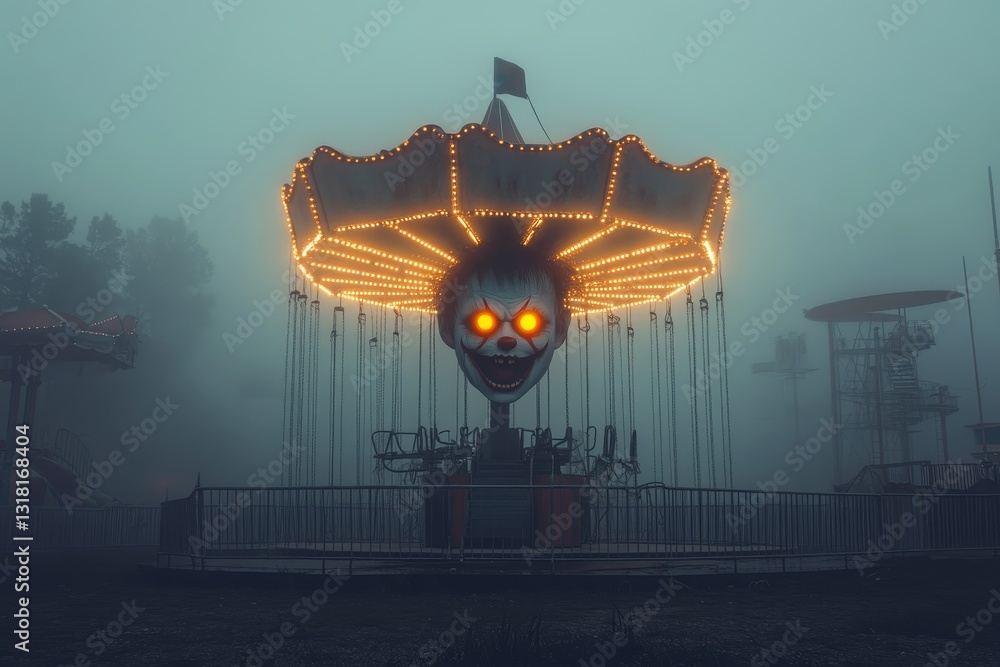 Poster a haunted carousel with a skull on top of it. the carousel is surrounded by a foggy atmosphere