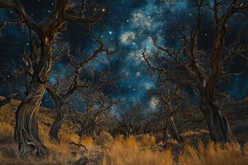 A dark forest with trees and a starry sky. The trees are bare and the sky is filled with stars
