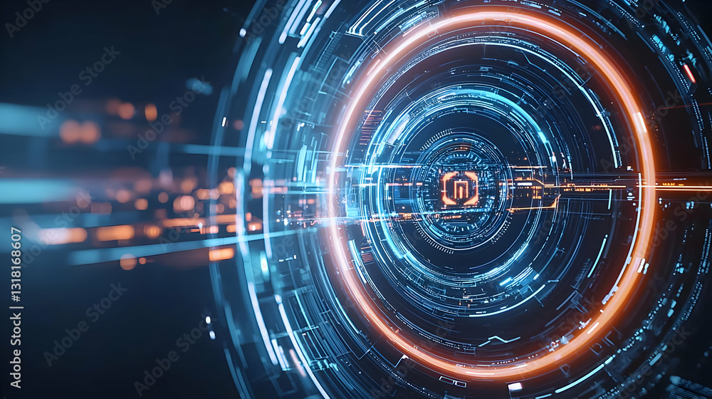 Aufkleber abstract futuristic digital technology background with glowing blue and orange circular design and d