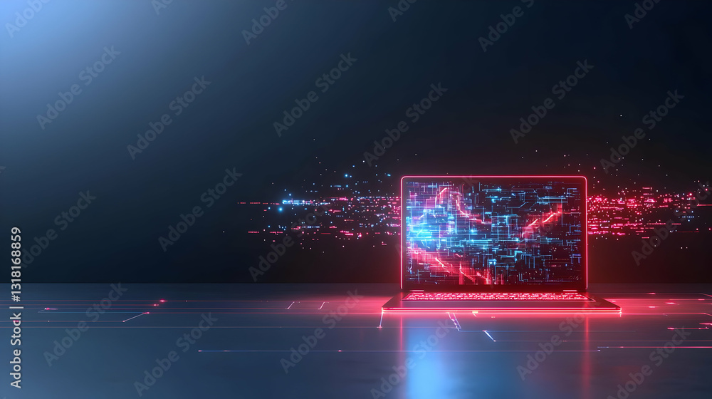 Poster futuristic data stream flowing from red and blue neon laptop on dark background with pixel particles