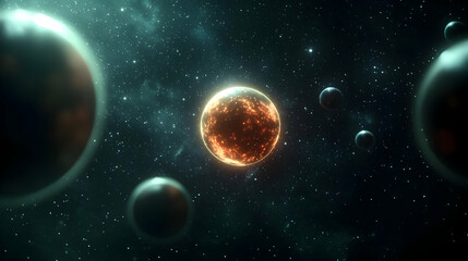 Glowing Orange Planet In Deep Space With Surrounding Planets And Distant Stars Nebula Clouds And Teal Green Accents Digital Art