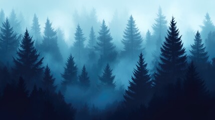 Fototapeta premium Dense foggy forest filled with numerous tall evergreen trees