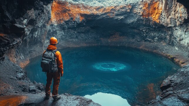 Volcanic activity researcher monitoring holographic magma chamber conditions underground