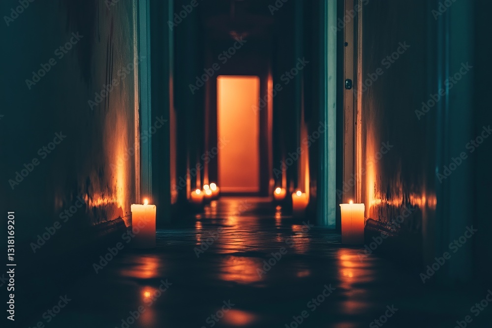 Canvas Prints a dimly lit hallway with candles placed in the middle. the candles are lit up, creating a warm and c