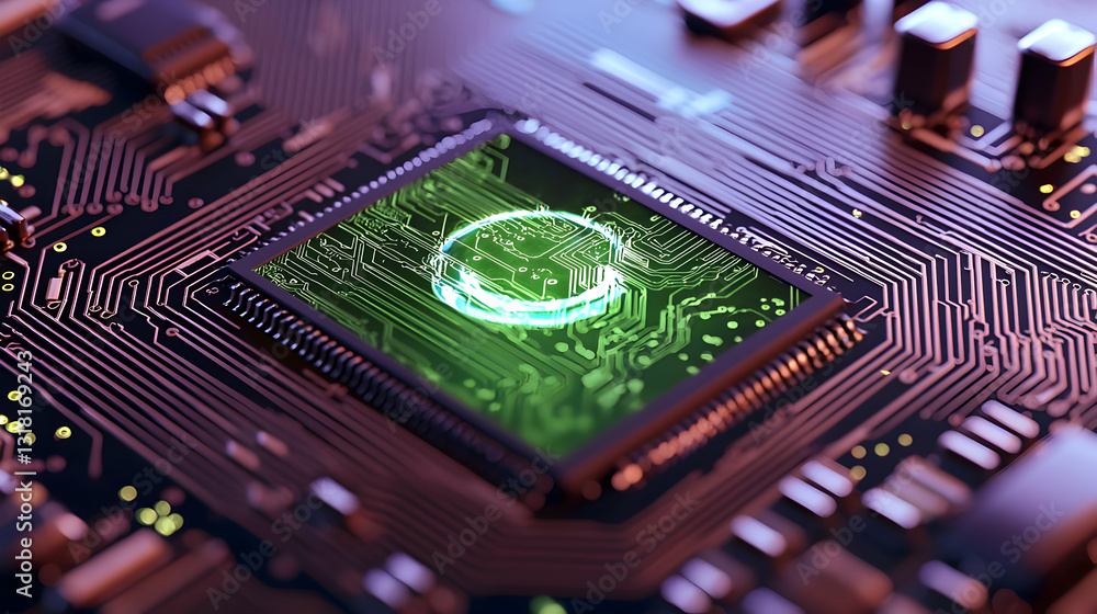 Poster close up of a green glowing microchip on a circuit board with intricate details illuminated by drama
