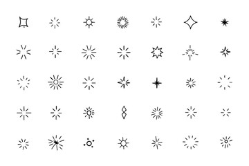 Minimalist Sparkle and Starburst Icon Set in Line Art Style Isolated on White Background
