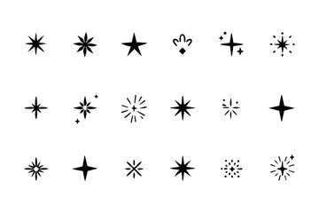 Bold starburst and sparkle icon set in black silhouette style isolated on white background
