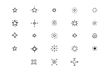 Hand-drawn starburst and sparkle icon set in minimalist style isolated on white background
