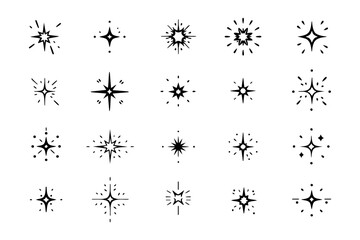 Hand-Drawn Sparkle and Starburst Icon Set in Bold Line Art Style on White Background
