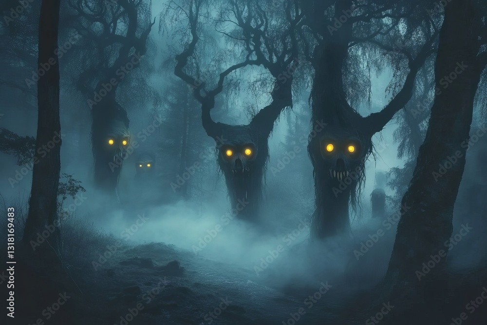 Poster a forest with three trees with glowing eyes. the trees are surrounded by fog and the mood of the ima