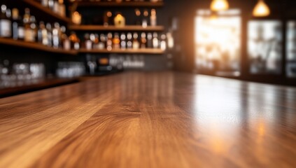 Bar top surface with drinks in a bar, blurred lights and street