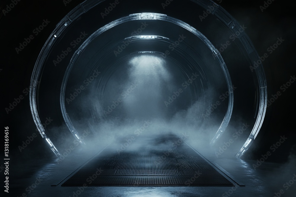 Poster a dark tunnel with a foggy atmosphere. the tunnel is lit up with a bright light. the light is shinin