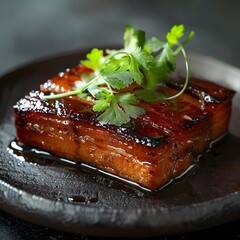 Beautifully Braised Dongpo Pork Dish Served on a Dark Round Plate