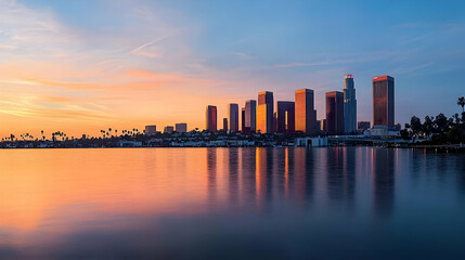 Obraz premium City Skyline Reflecting In Calm Water At Sunset Showing Buildings And Sky In Orange And Blue