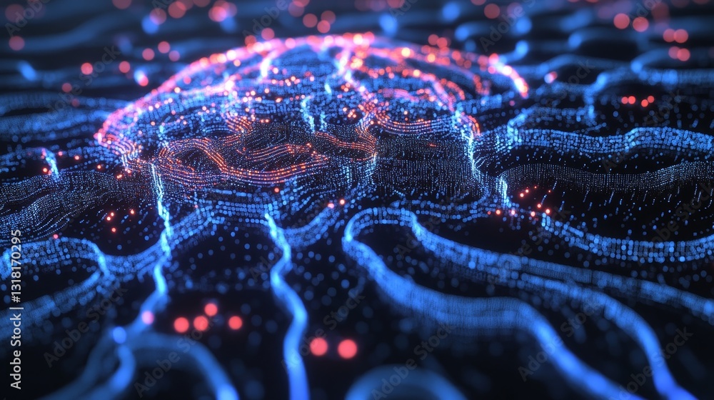 Poster an abstract visualization of a brain with glowing data waves in blue and red, showcasing intricate d