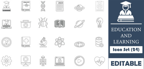 This 24-icon education set is perfect for websites, apps, and infographics. Fully vector-based, designed on a 64&times;64 grid, customizable,  making it ideal for diverse educational projects.