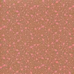 Seamless brown and pink heart vine pattern. Romantic floral swirl background for Valentine’s Day, wedding stationery, scrapbook paper, fabric and gift wrap designs.