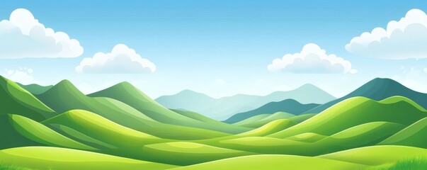 Obraz premium A vibrant illustration depicts rolling green hills and a blue sky