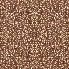 Seamless brown vintage floral pattern with cream heart-shaped leaves and swirls. Elegant romantic background for wedding invitations, Valentine’s Day, fabric, scrapbooking and gift wrap designs.