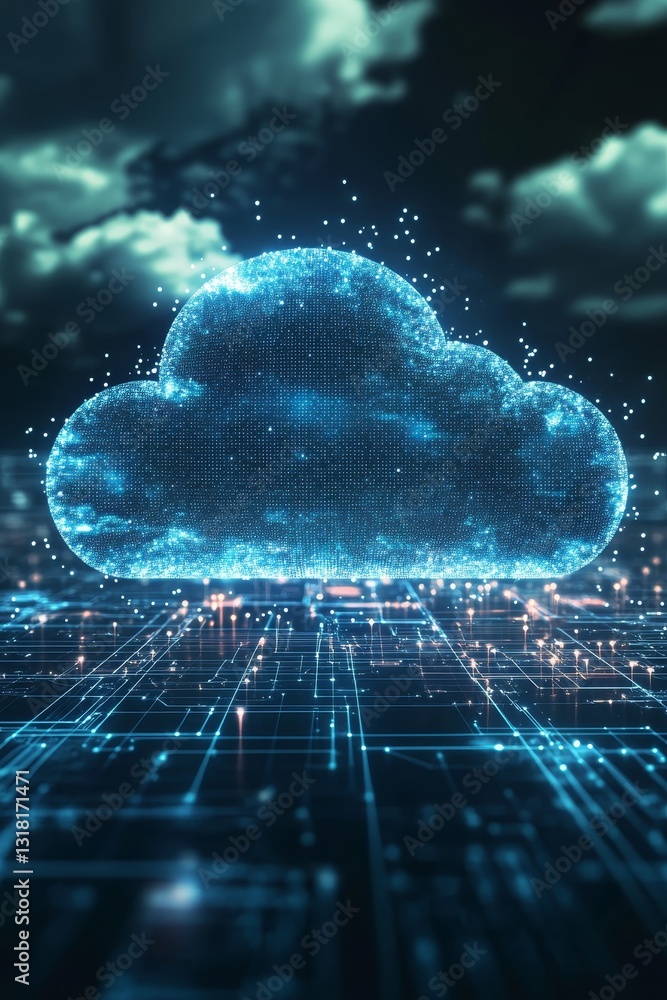 Poster futuristic representation of a digital cloud, symbolizing data storage and connections with intricat