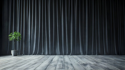 Dark Gray Closed Curtains Wooden Floor And Small Green Plant In A Gray Pot In A Minimalist Interior Design