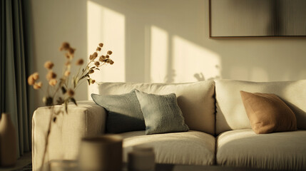 A cozy living room scene features a soft sofa with textured cushions in muted colors, bathed in warm sunlight, complemented by dried flowers and elegant decor.
