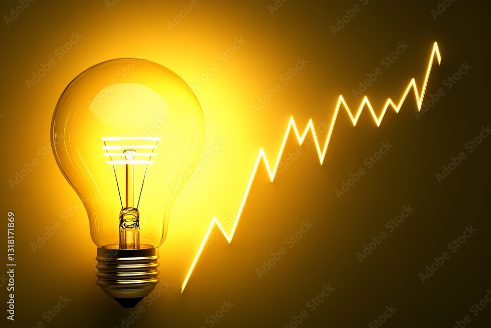 Poster a light bulb is lit up and is surrounded by a graph. the graph is a rising line, which suggests that